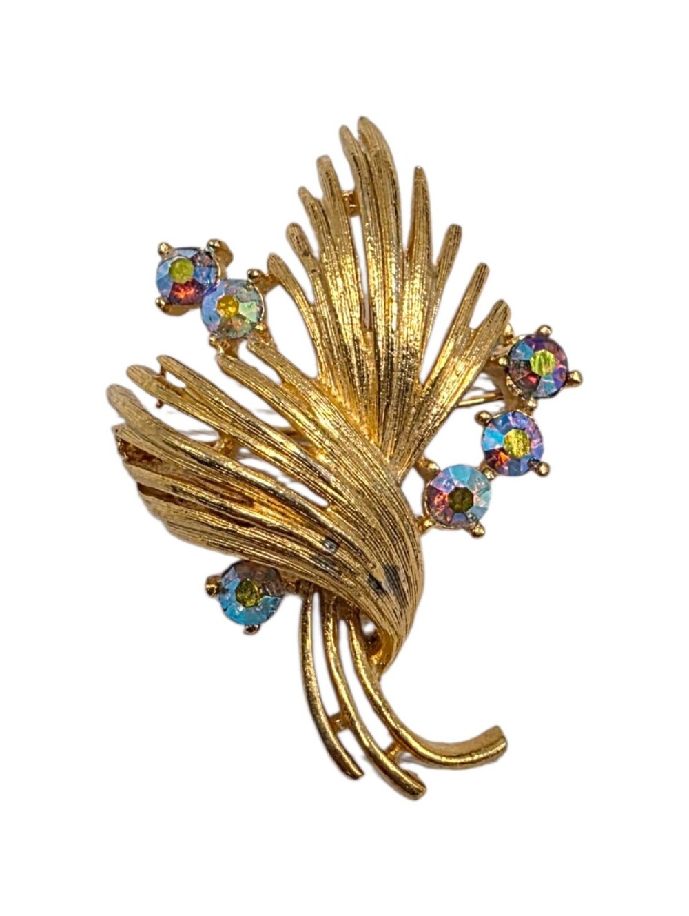 Vintage Signed Lisner Aurora Borealis Rhinestone Brooch Gold Tone 1950s 1960s